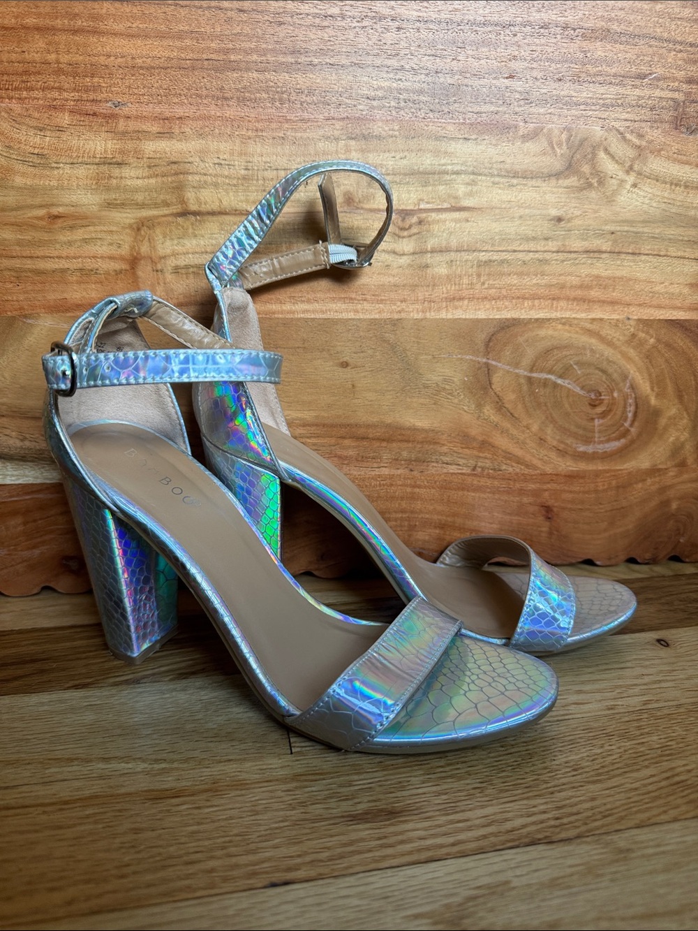 Iridescent Block Heel Sandals with Ankle Strap